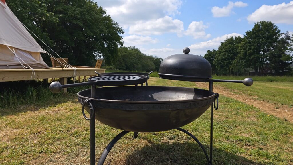 Firepit with swing arms for cooking.