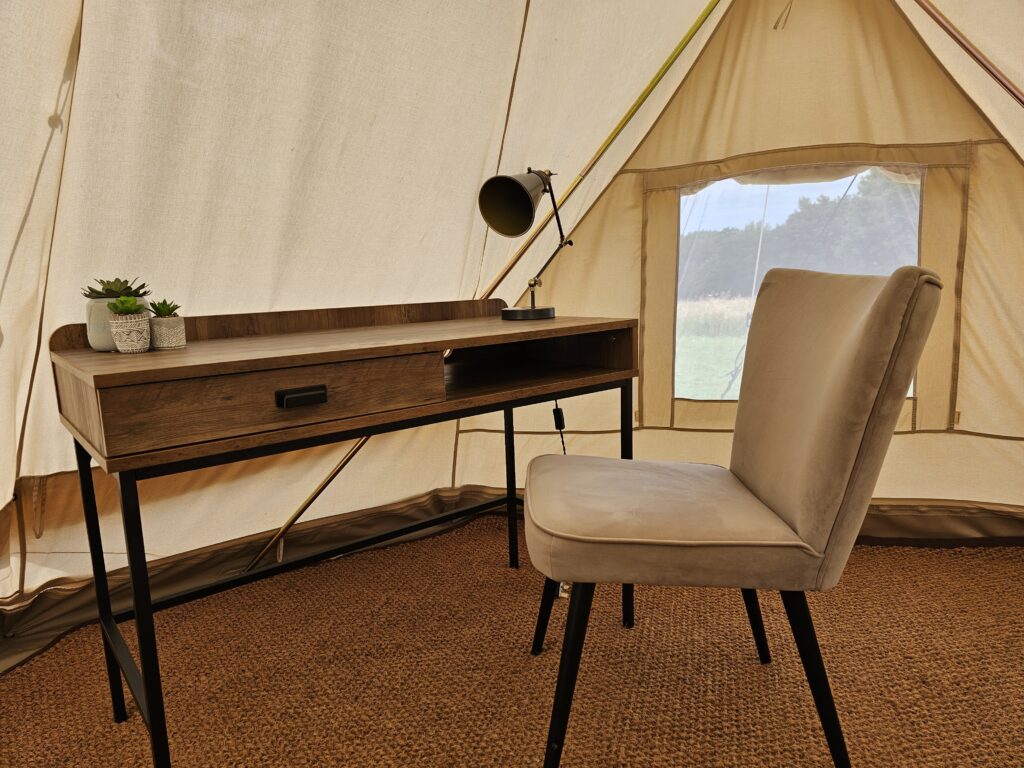 Remote working space inside Bell Tent